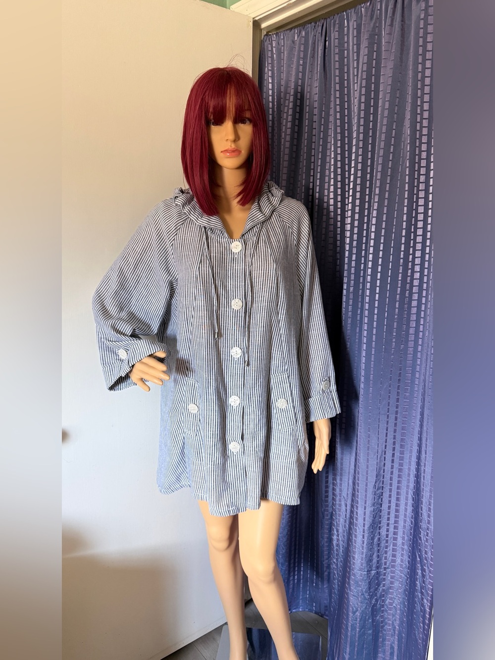 JNY Jones New York 1X Linen Cotton Hooded Blue Gray Stripe Jacket